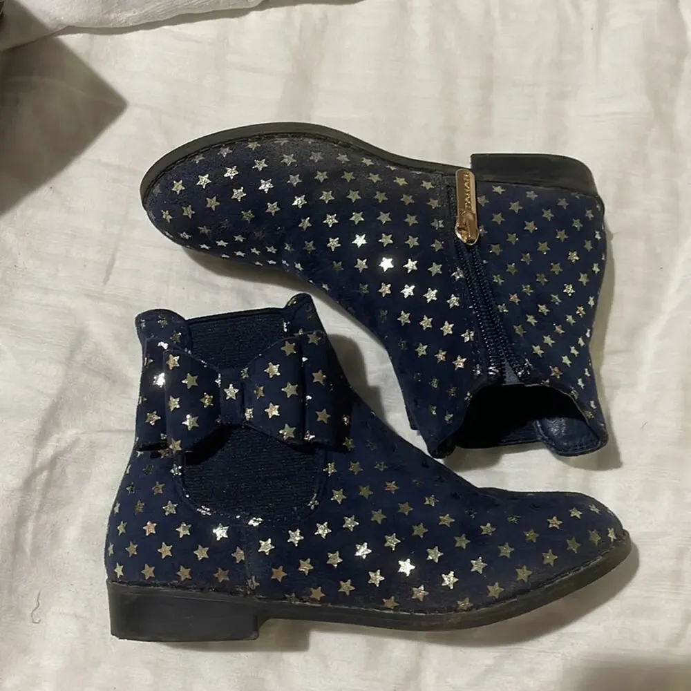 Tahari 12 navy blue gold stars ankle boots side zipper rubber soles guc fez